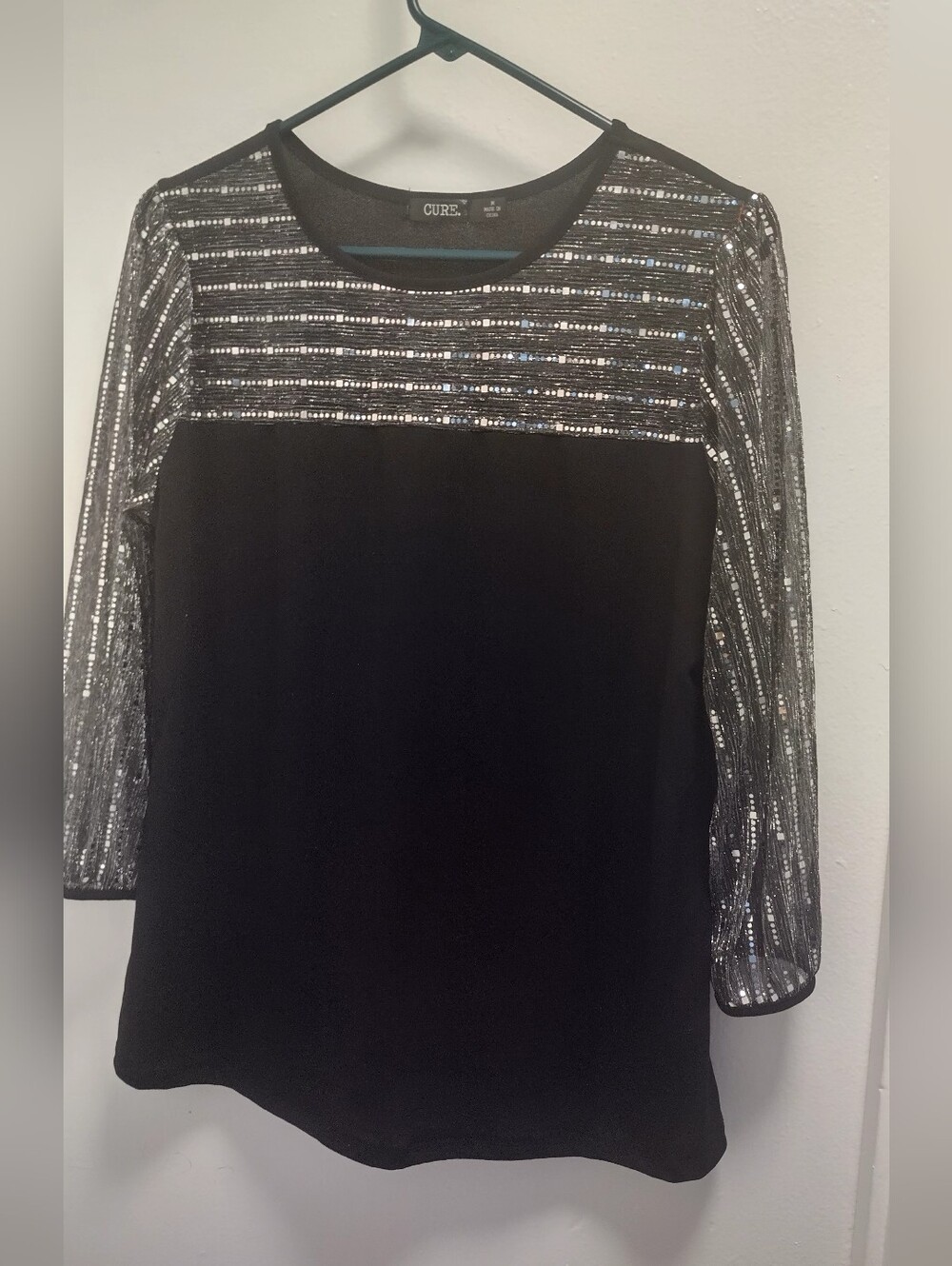 Cure Black Sparkly Trim Top And Sheer Sleeves Size Medium